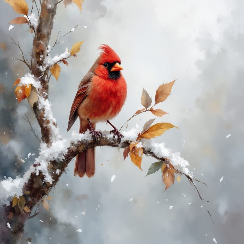 Red bird on winter branch in a grey mist in a professional wildlife photograph by Sarah Creswell. Influences of Luis Royo, Thomas Wells Scha...