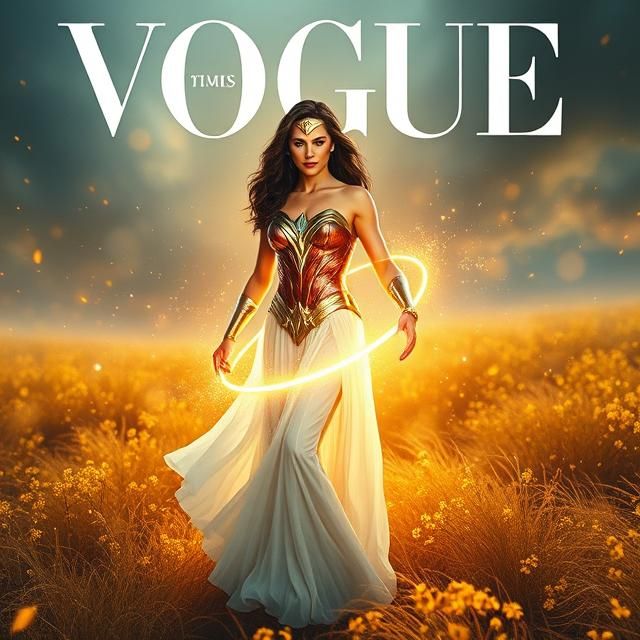 Vogue magazine cover featuring Wonder Woman, goddess-like, s...