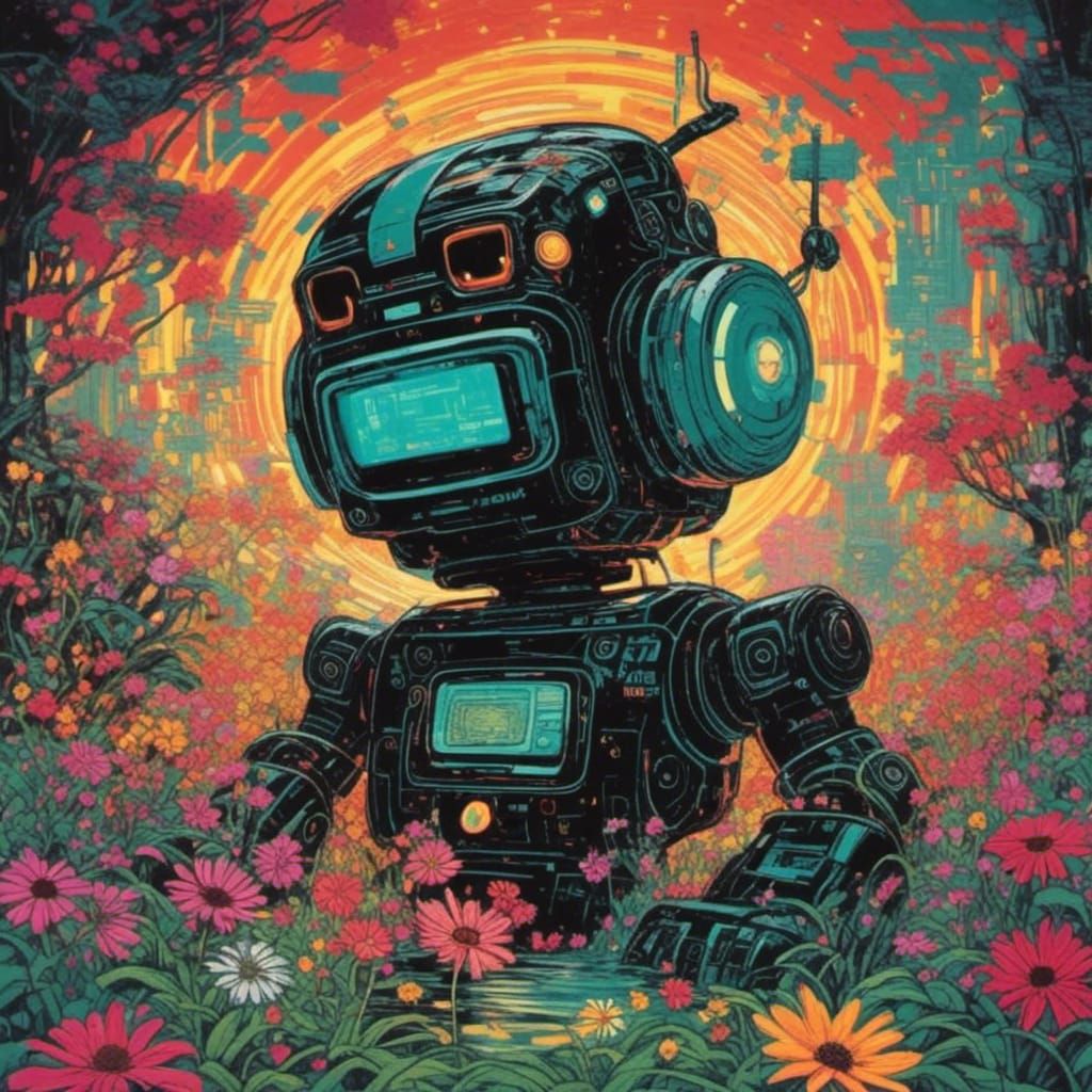 <lora:Sin City:1.0> Robot in a flower garden 