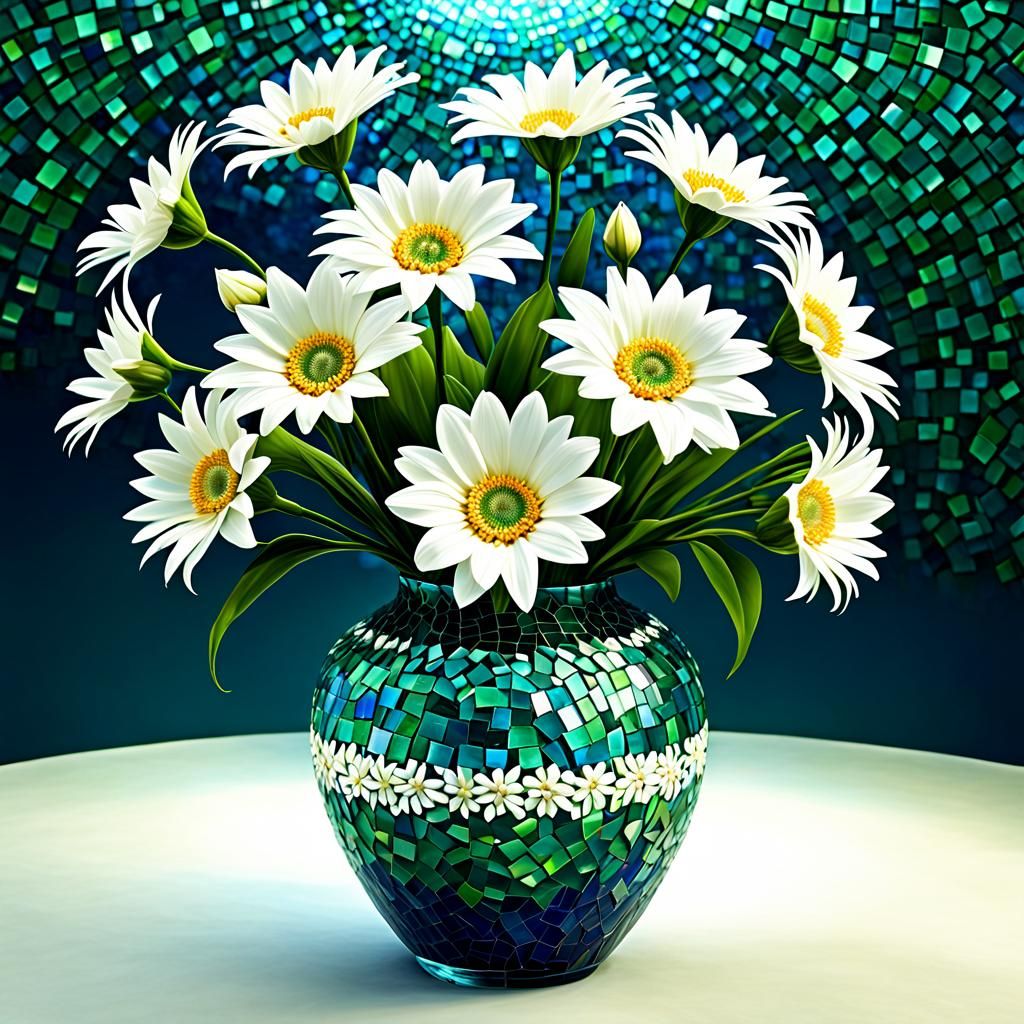 White mixed flower in a Blue green mosaic vase,round glass p...