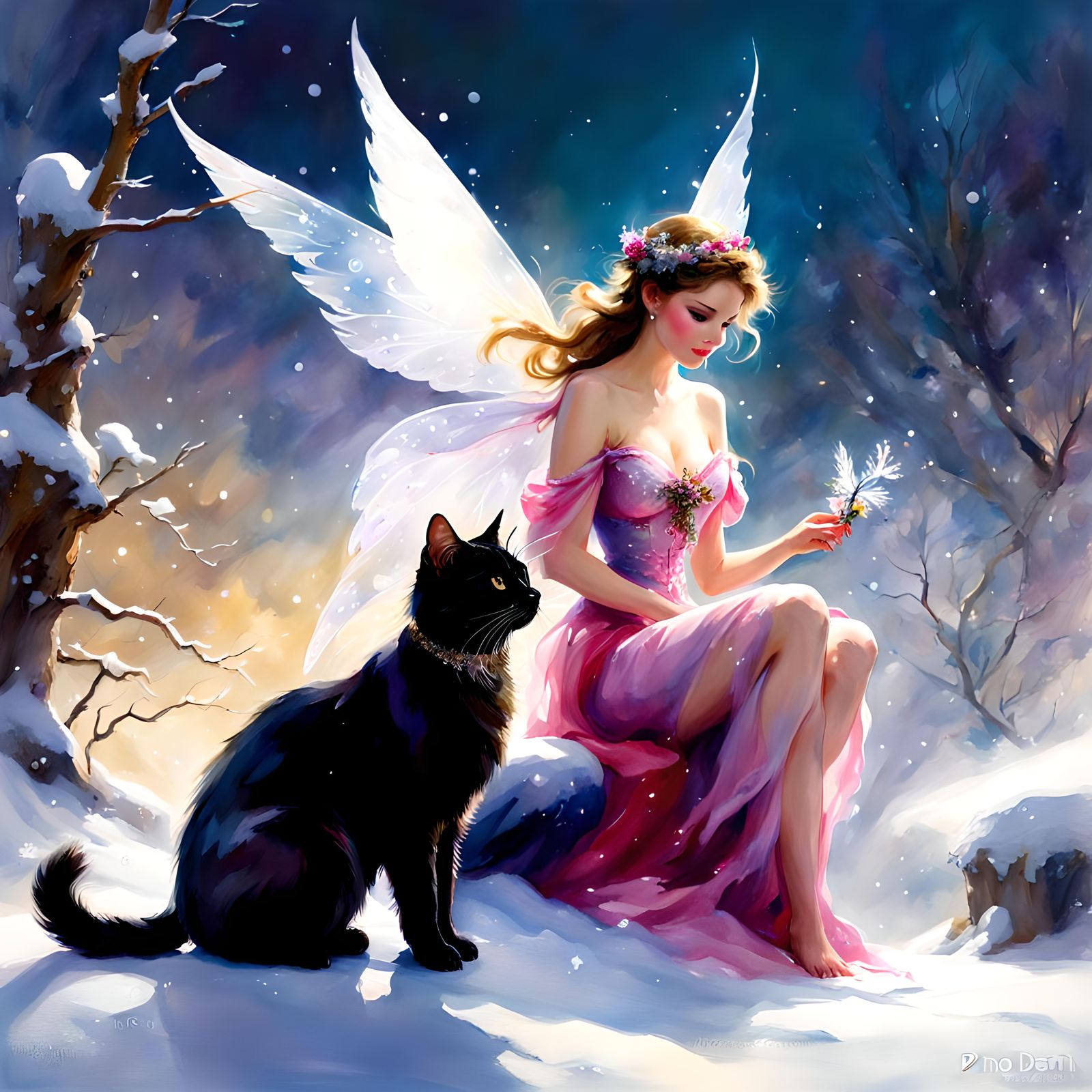 Beautiful  fantasy snow fairy and her beautiful cat