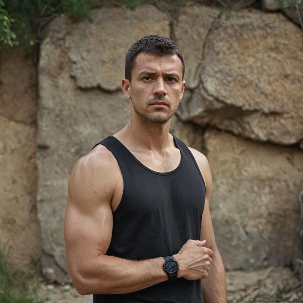 Photorealistic Portrait of Focused Slavic Man in Nature