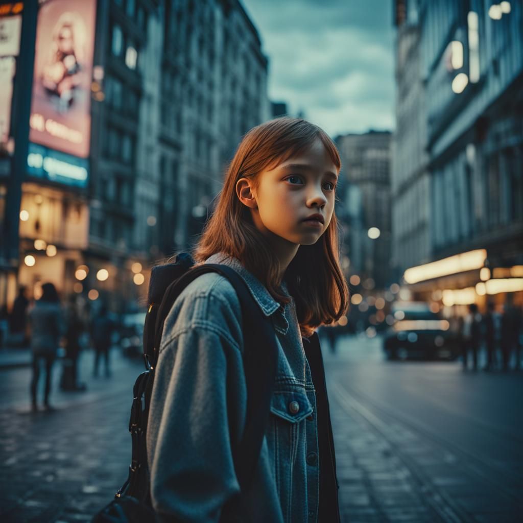 a perfect composition of a girl teenager in the city