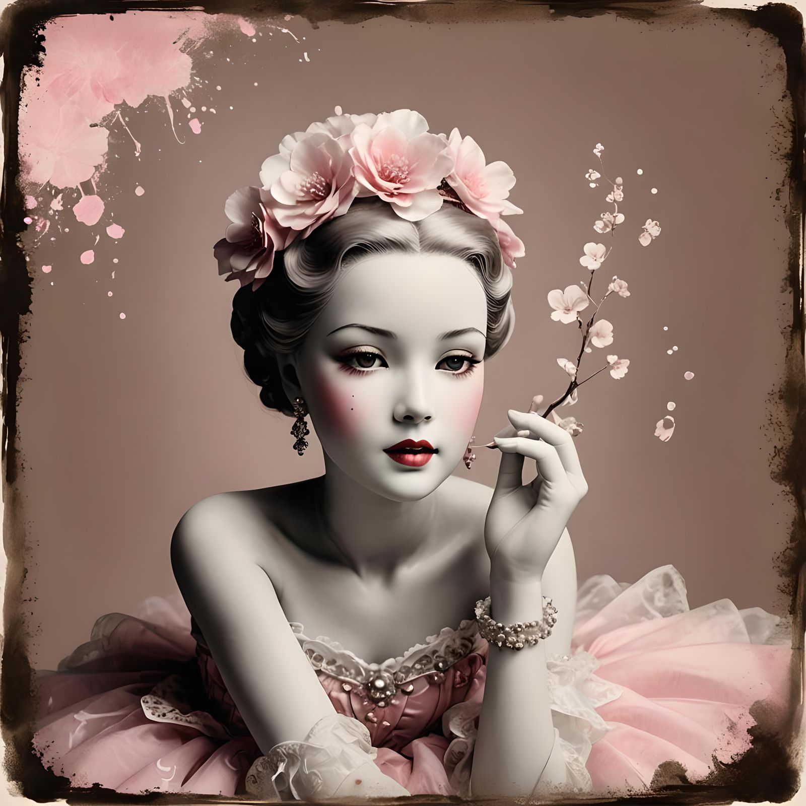 Victorian Porcelain Doll in Sumi-e Style