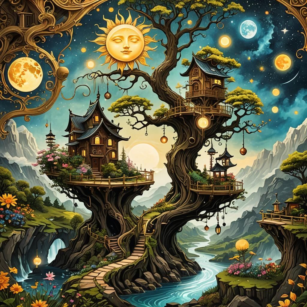 sun moon Solar system bonsai treehouse - AI Generated Artwork ...