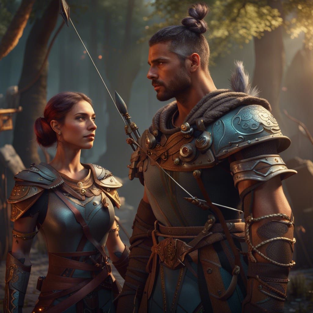 Handsome warrior talks to female archer