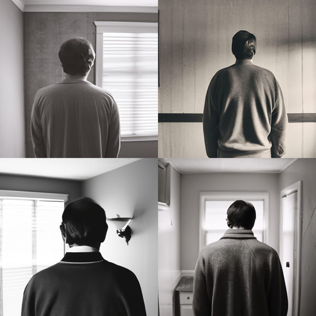 old black and white photo of the back of a man facing a wall...