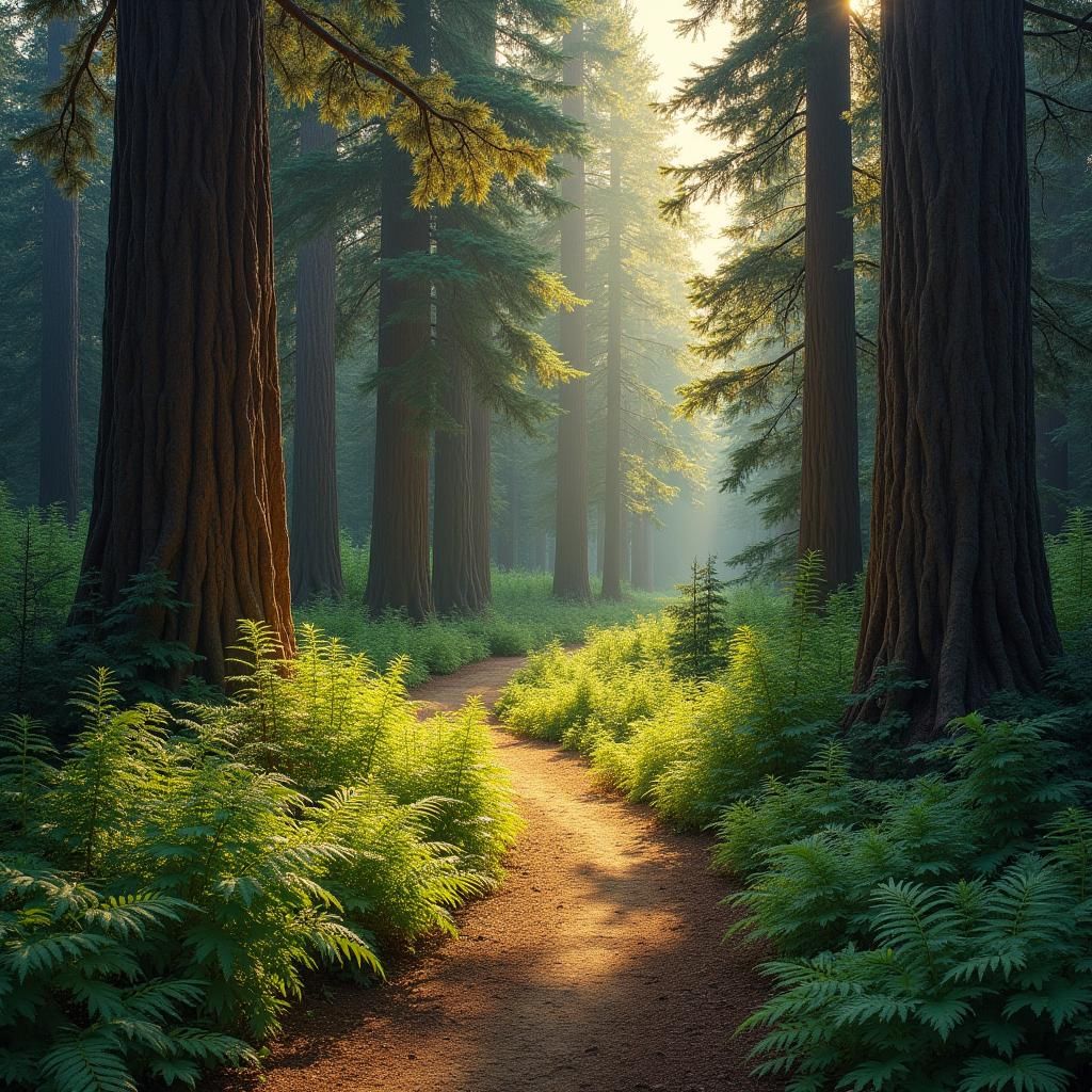 A hiking path through a conifer forest, the great wild north, high contrast, ferns and undergrowth, mighty trees, evening light 