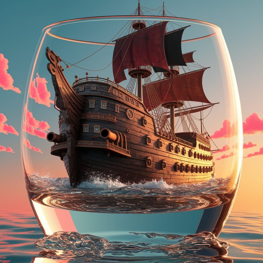 Vibrant Sunset Pirate Ship in Glassy Reflection