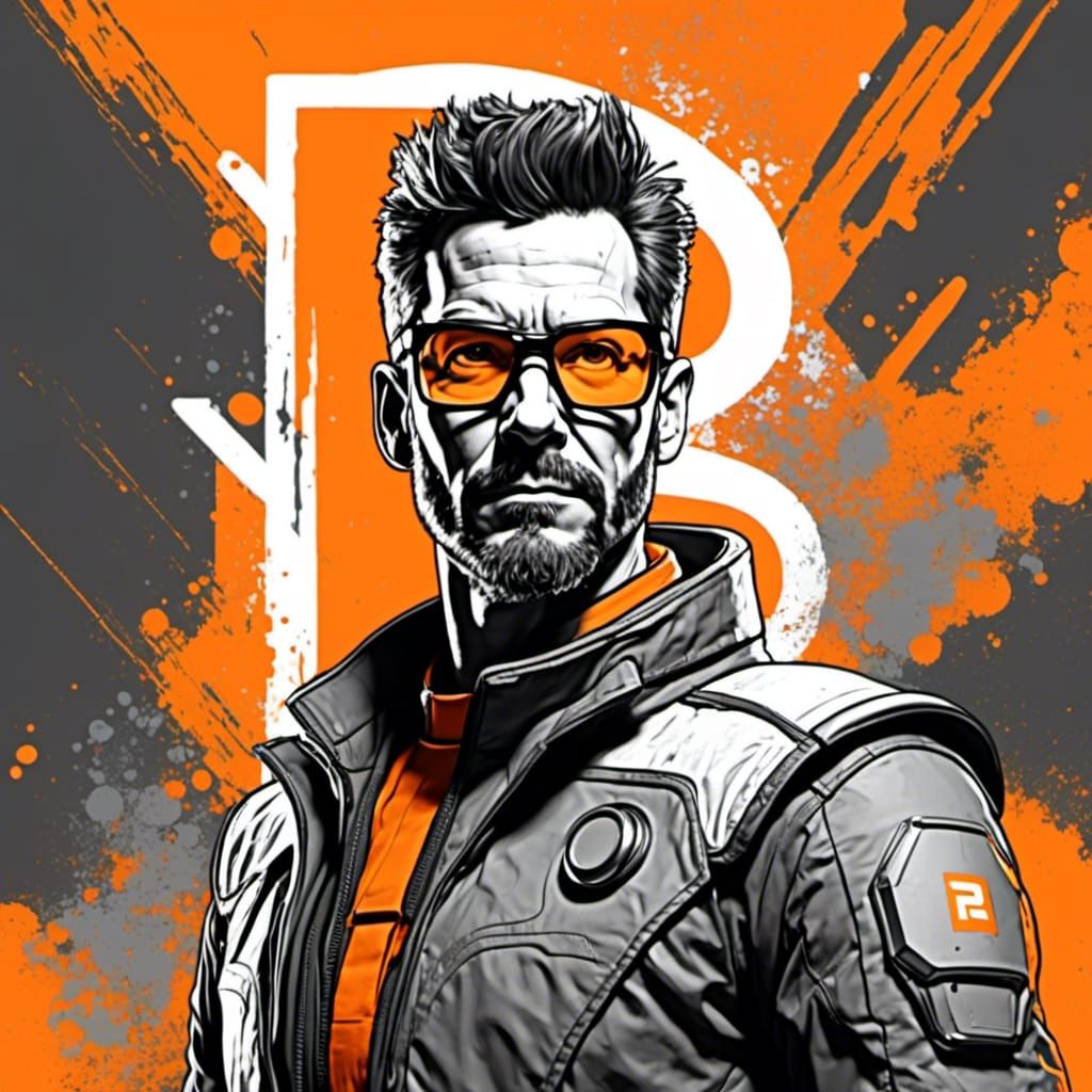 <lora:Pop Hero Portrait:1.0> <lora:Crossing The Line:1.0> PS5 Game Character Concept art, Photo portrait of  [Gordon Freeman], Pop Art, Grey...