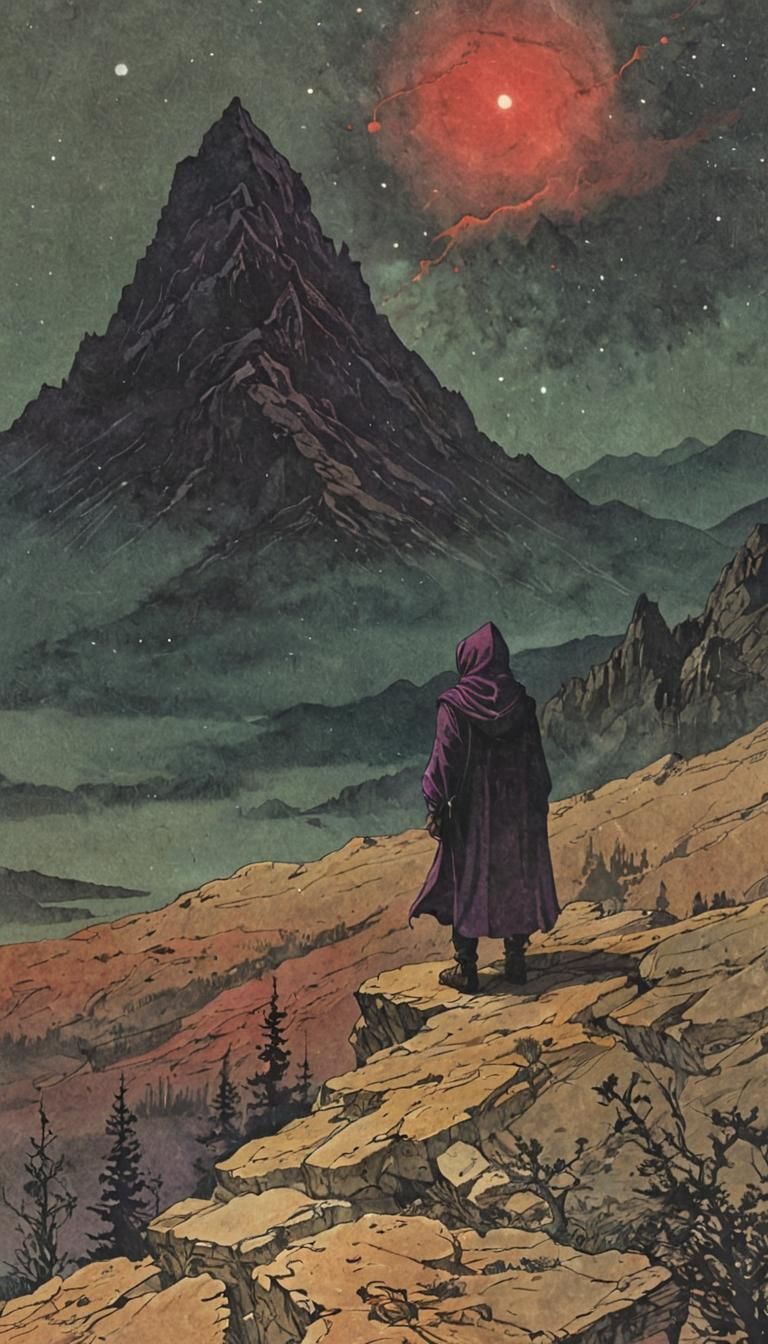Dark Fantasy Traveler Gazing at Misty Mountain