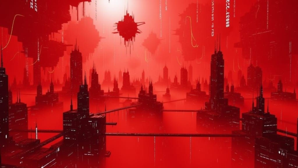 <lora:Sector Six:1.0> A hyper vivid cityscape composed of dystopian buildings surrounded by red fog with a light shining through it