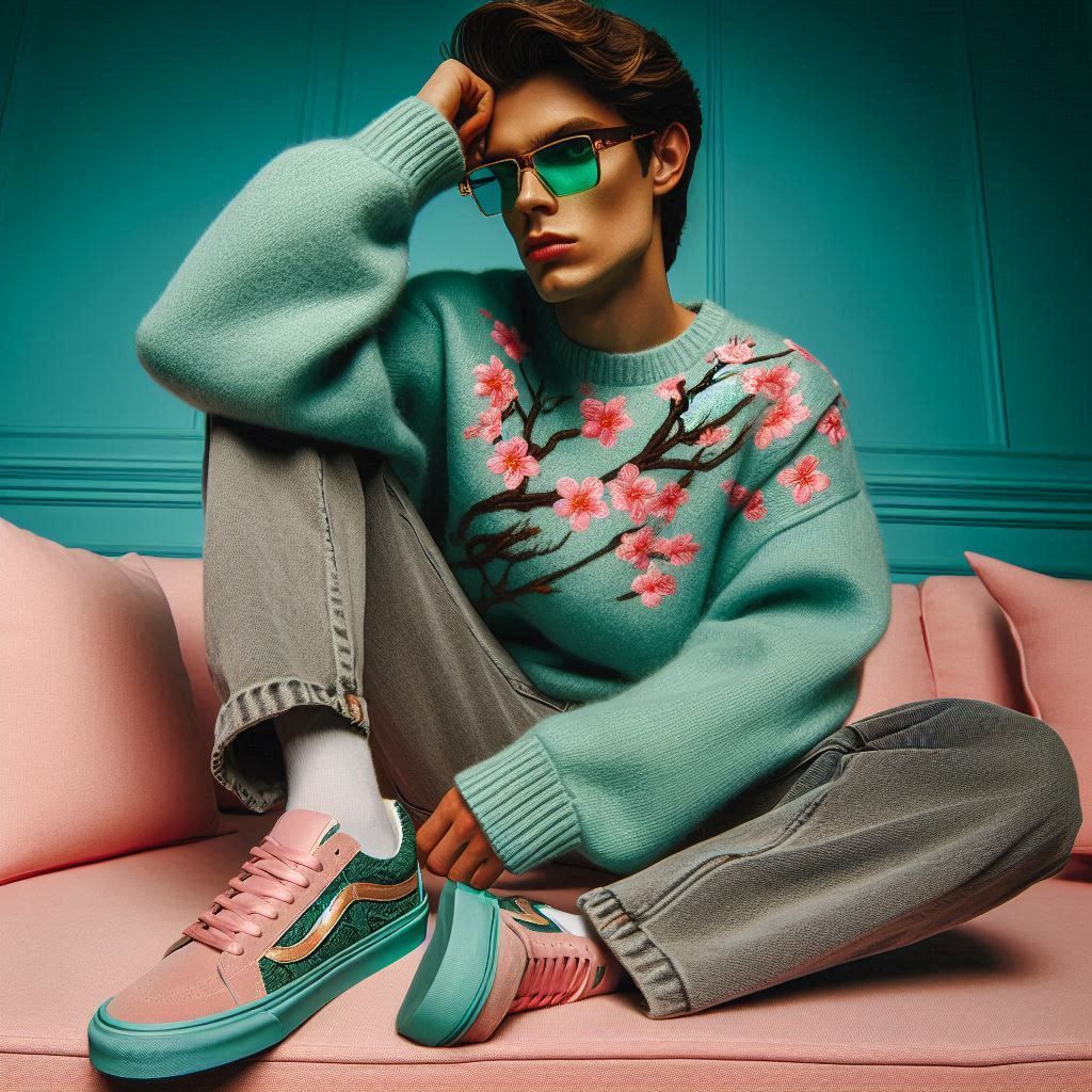 Male Fashion Model Sporting a Sweater, Sneakers, and Glasses...