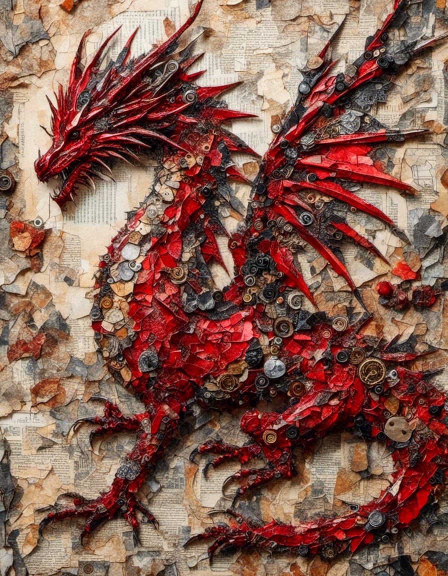 <lora:Supa Collage:1.0> a Beautiful red Dragon collage Close portrait 