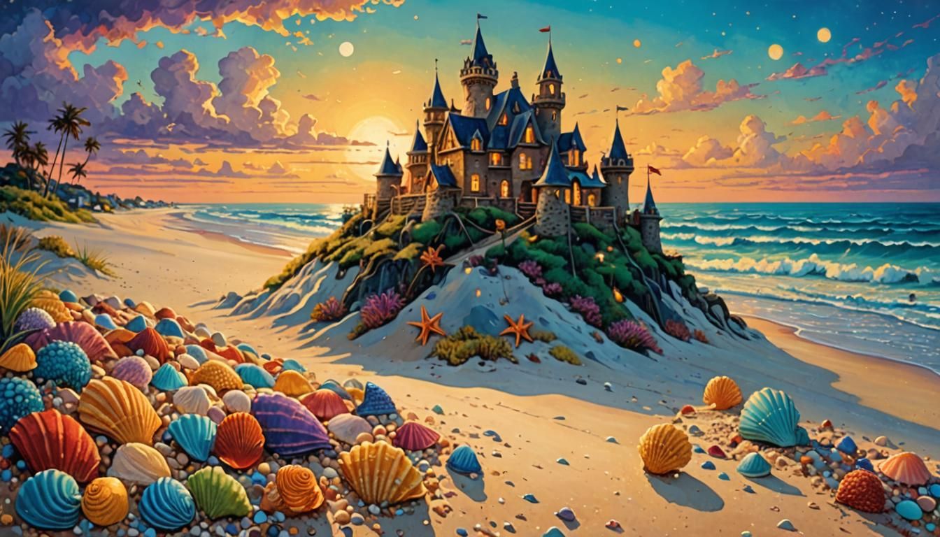 fantasy sandcastle on the beach, colorful seashells in the sand, late afternoon colors, James R Eads and Thomas Kinkade