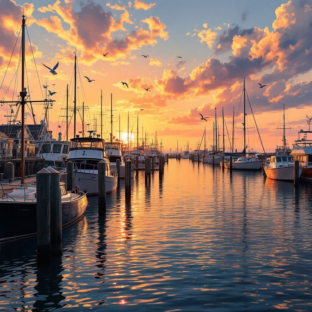 A hyperrealistic cinematic view of Cape May Harbor at golden hour. The wooden docks stretch out over calm reflective waters, lined with fish...