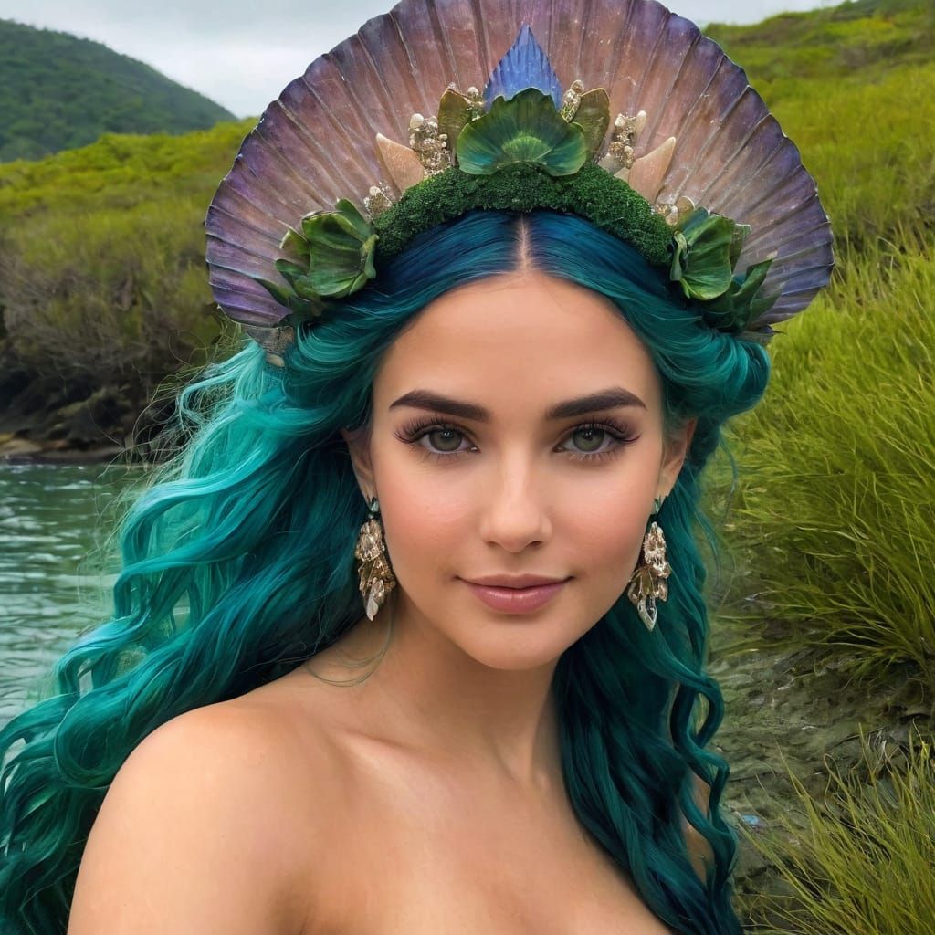 A mermaid queen with flowing ocean-colored hair
