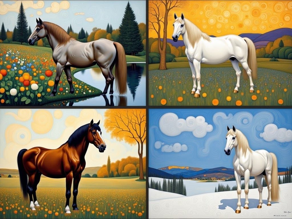 Horses and the Seasons: A series of four images showing horses in different seasonal settings—spring with blooming flowers, summer by a rive...