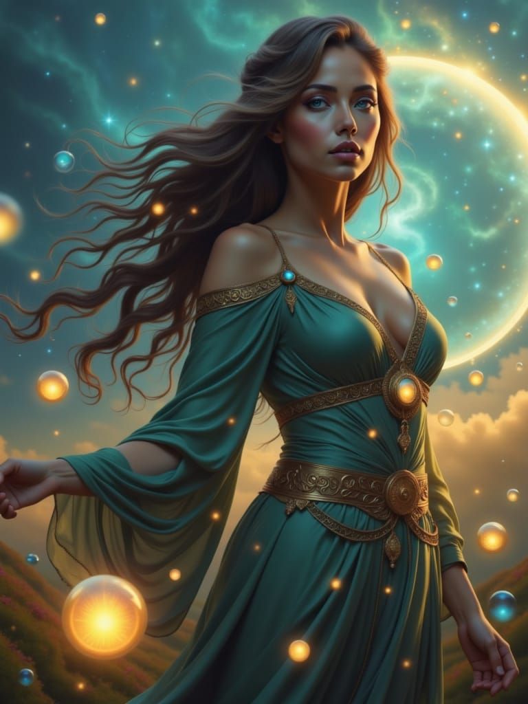 A beautiful sorceress with long flowing hair stands in a field of glowing orbs, her eyes sparkling with cosmic energy. The orbs cast a warm,...
