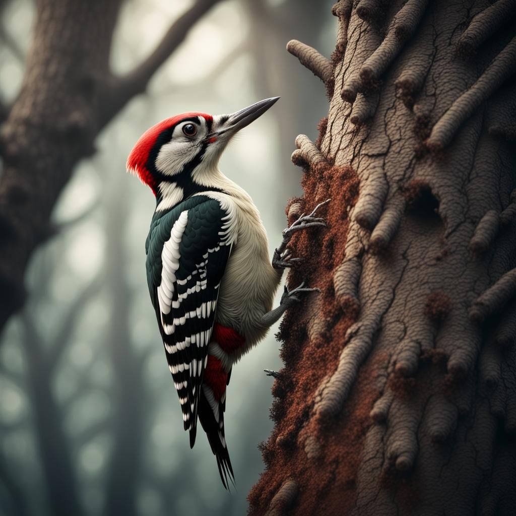 A woodpecker bird pecking a tree
