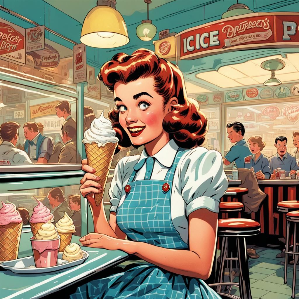 Cartoon of a 1950s teenage girl eating ice cream in an ice cream