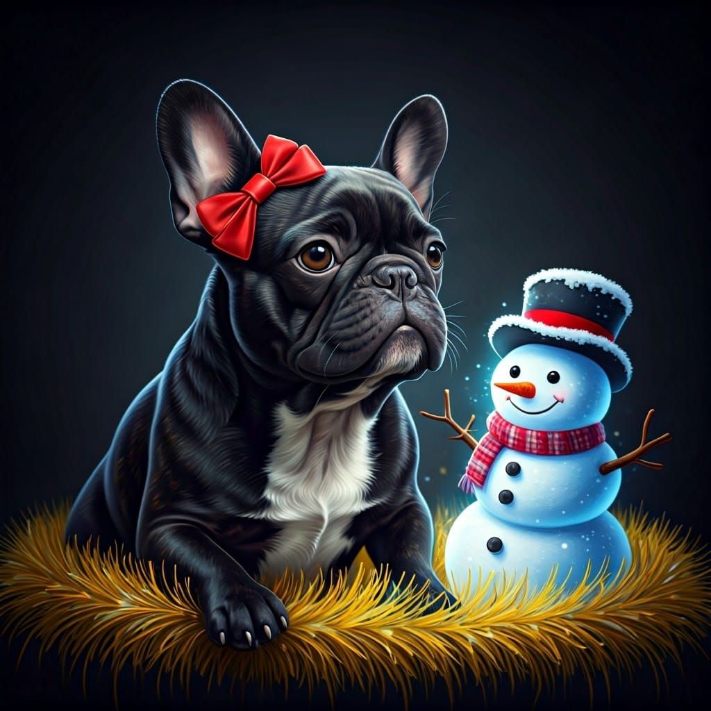 Black french bulldog with snowman