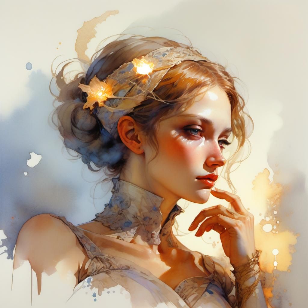 Glowing Damsel Portrait in Watercolor Style