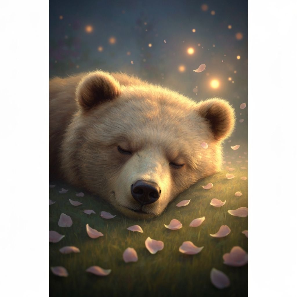 Charming Bear Sleeps in Misty Twilight Garden