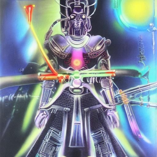 A cybernetic samurai with a katana that has glowing neon eng...