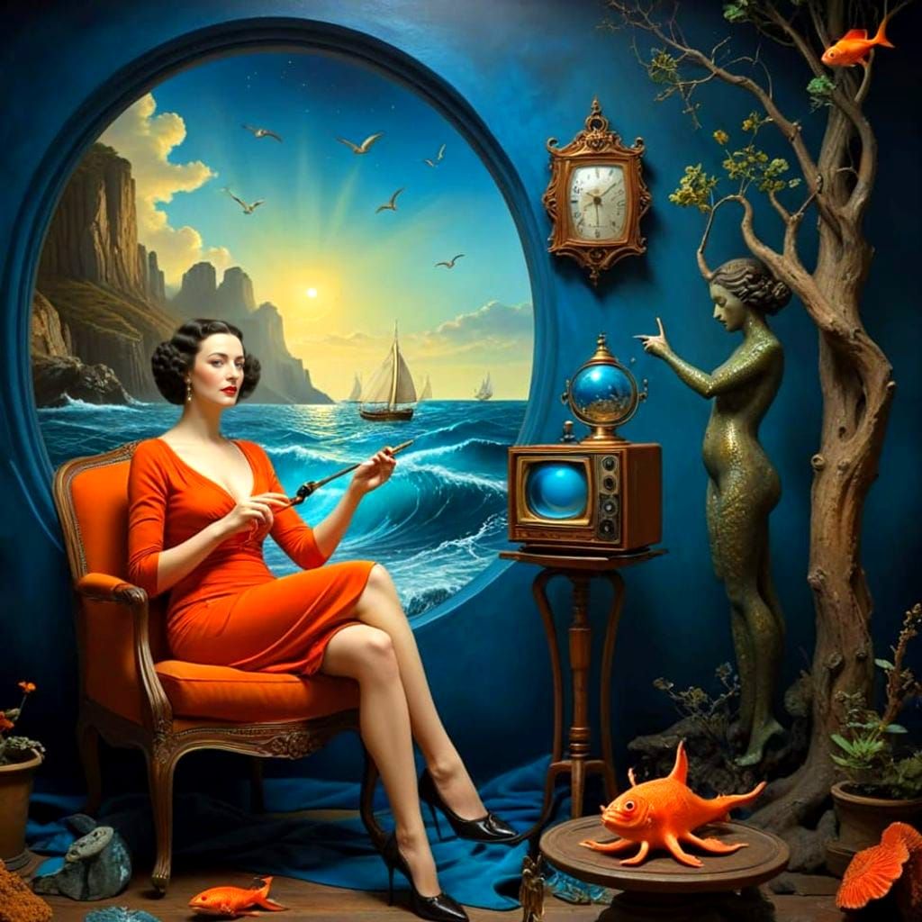 Surrealistic Lady in a Fantastical Seascape with Sailboats a...