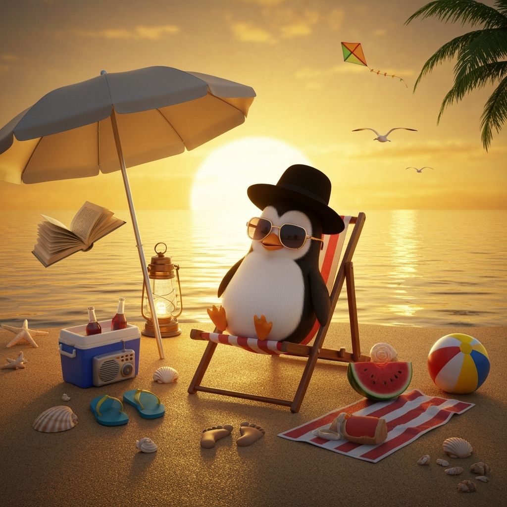 Orthodox Penguin's Beach Day: A Pixar-esque 3D Render