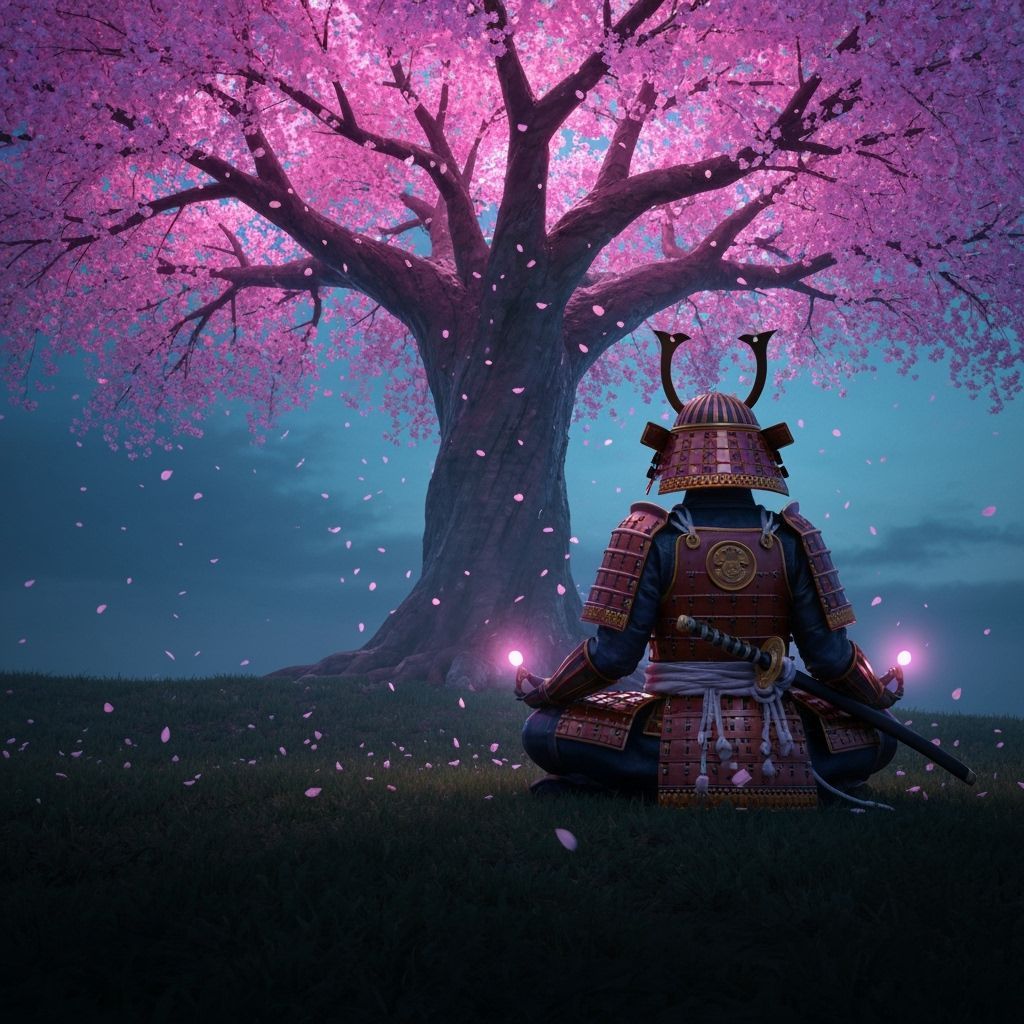 Samurai Meditating Under Bioluminescent Cherry Blossoms