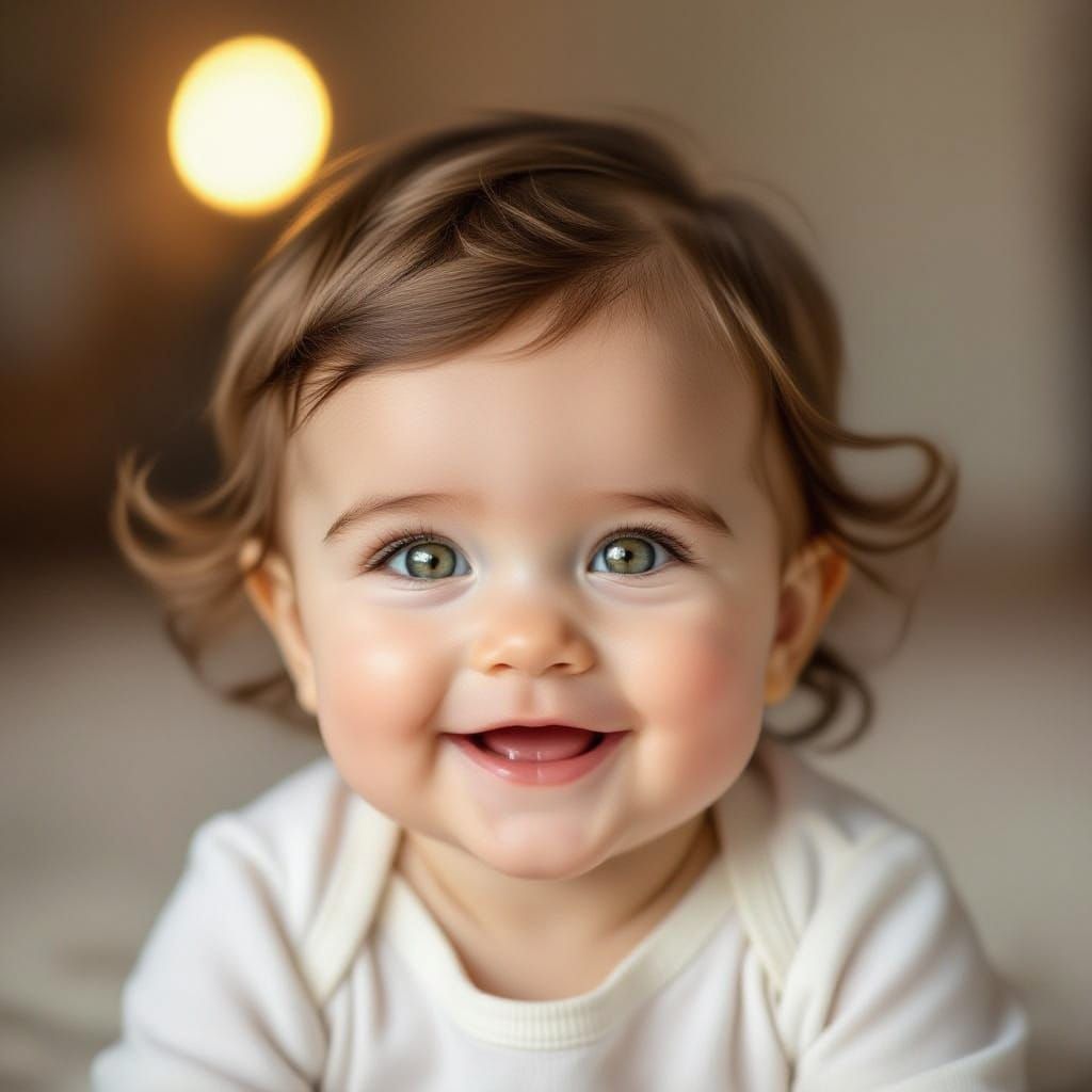 Adorable Baby Portrait with Brown Hair and Green Eyes