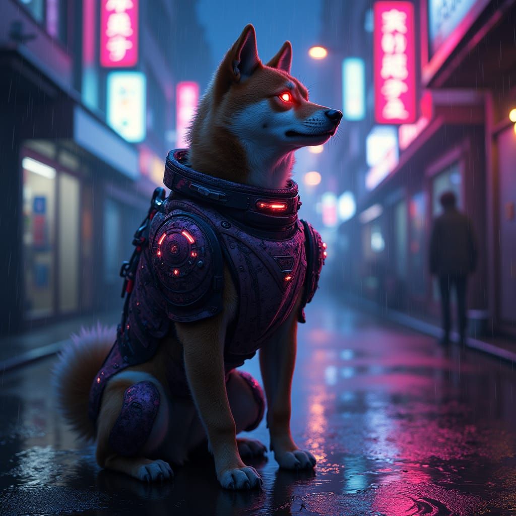 Cyberpunk Shiba Inu with neon lights, rain-soaked Tokyo alley, glowing eyes, futuristic armor, cinematic atmosphere