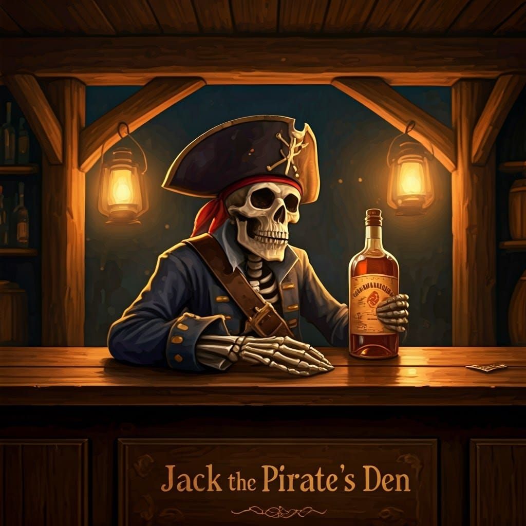 A skeleton sitting at the bar holding a bottle of rum. Aroun...