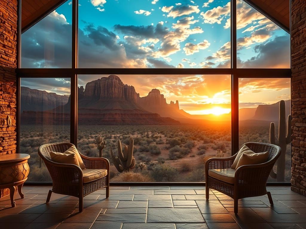 A breathtaking desert landscape seen through large floor-to-ceiling windows  by @Lolof