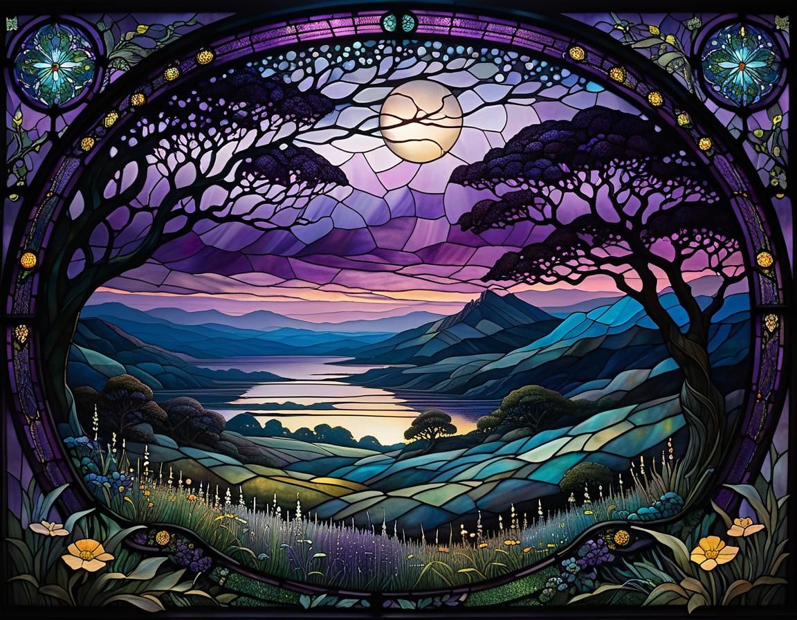 A stained glass window, violet evening mist over the moor, by Mike Mignola and Andy Kehoe, meticulous, ...  by @Tina auf der Blumenwiese