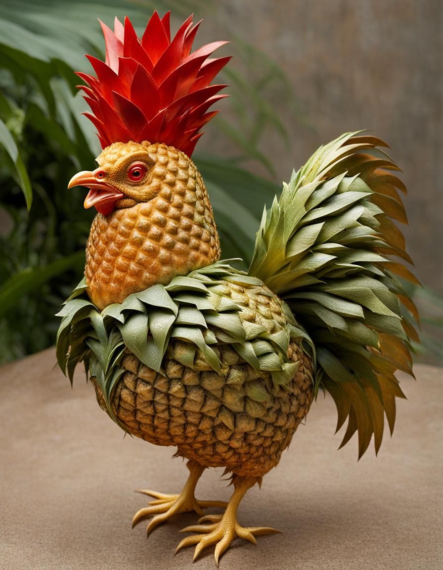 Texture Play  - The body of the chicken is made up of the textured golden-brown surface of a pineapple ...  by @Pandymonium