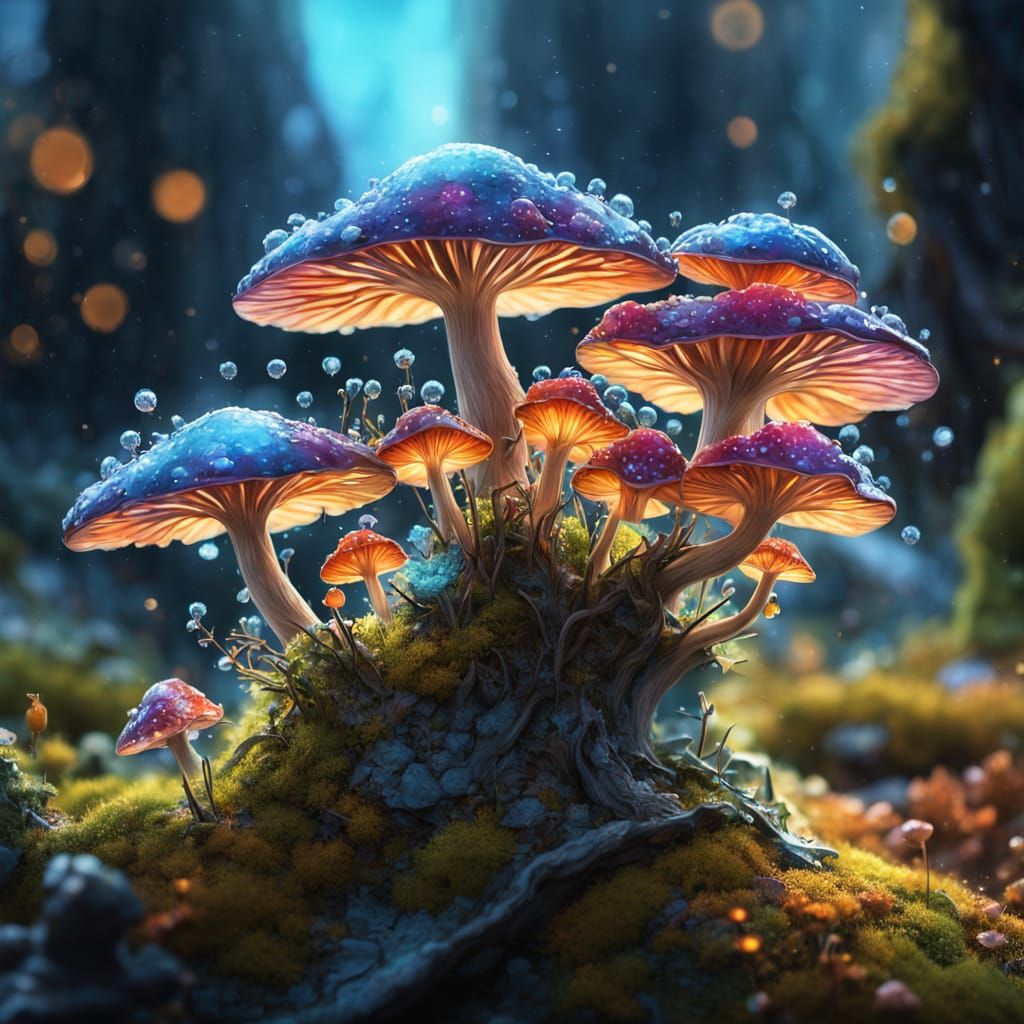 The mushroom colonies glow with bioluminescent spores and pollen dust, slowly suspending like magical ...  by @undefined