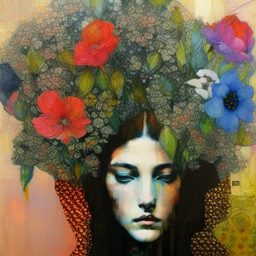 Girl with Flowers: Surrealist Ink and Watercolor