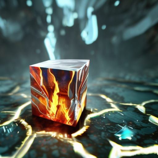 Cube of ice with an single flame of fire inside, elegant, hyperdetailed macro photography sharp focus elemental perfectl...