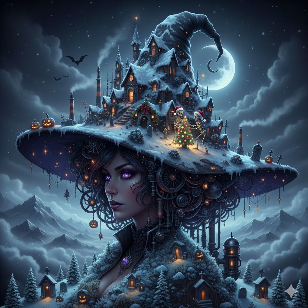 Spooky city celebrating xmas