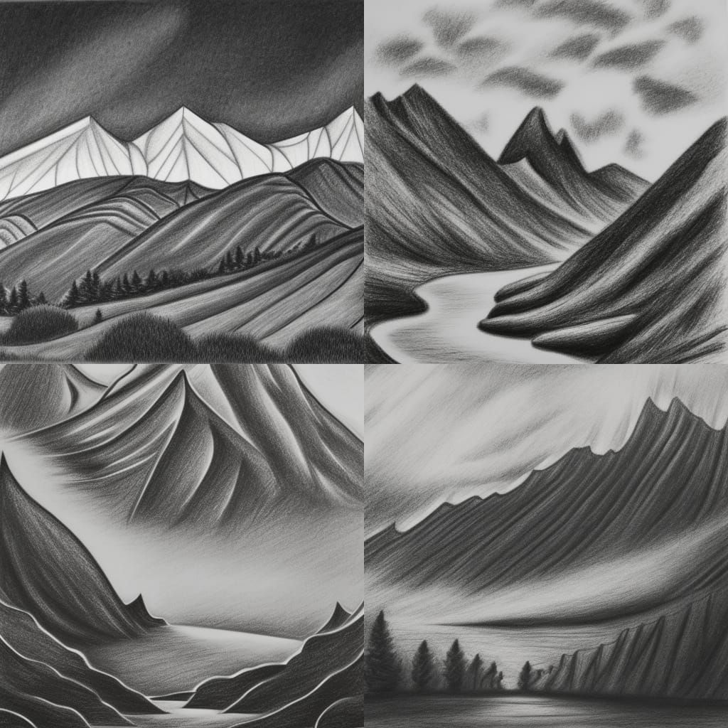 black and white pencil drawing of mountain landscape