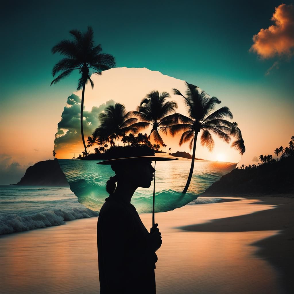 Double exposure art, A tropical paradise within the silhouet...