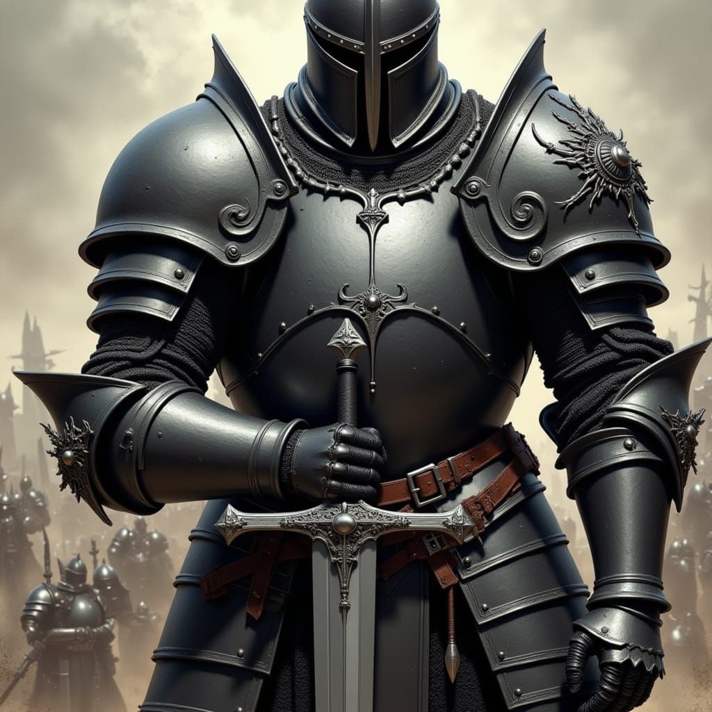 <lora:ArmaduraMedieval:1.0> knight with a dark gray armor, just in position to strike opponet