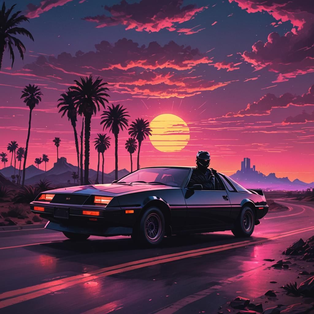 Synthwave Knight Rider car and sunset