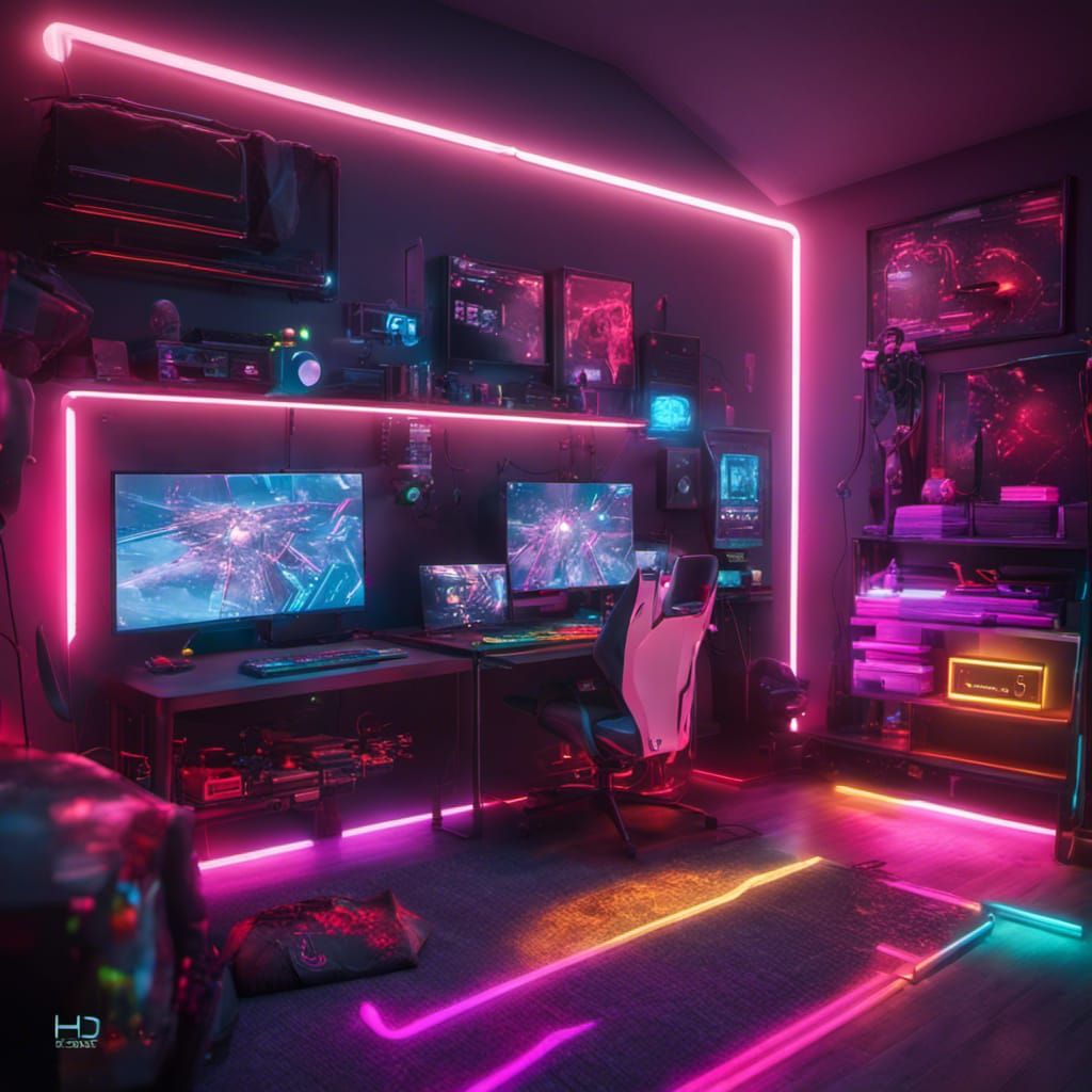 Premium Photo  Cyberpunk gaming room with neon light creative illustration  ai generate