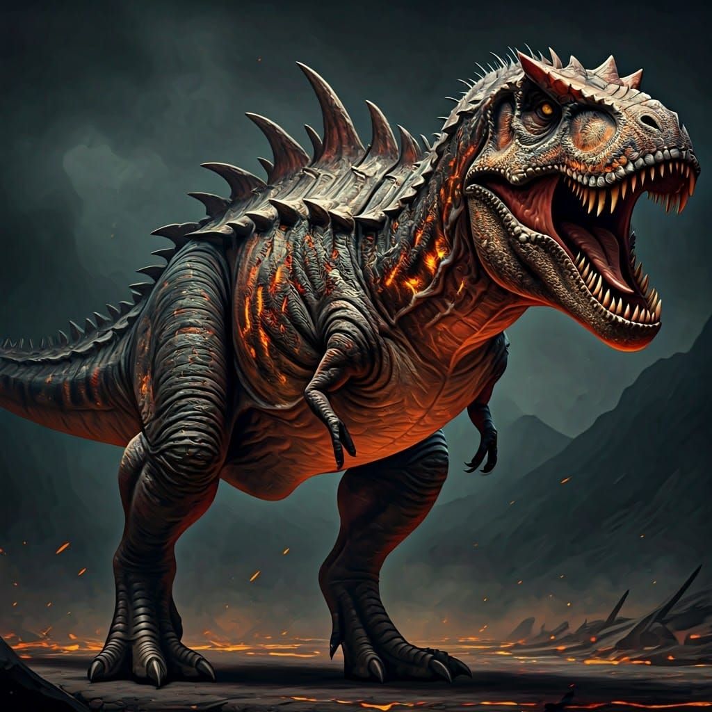 A colossal tyrannosaurus rex with two rows of jagged teeth o...