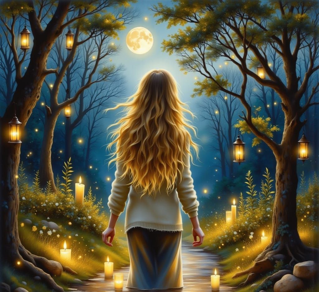 <lora:WatercolorPaintiFlux:1.0> <lora:Illuminations flux:1.0> beautiful woman blonde hair cascading down her shoulders, wool sweater, walkin...