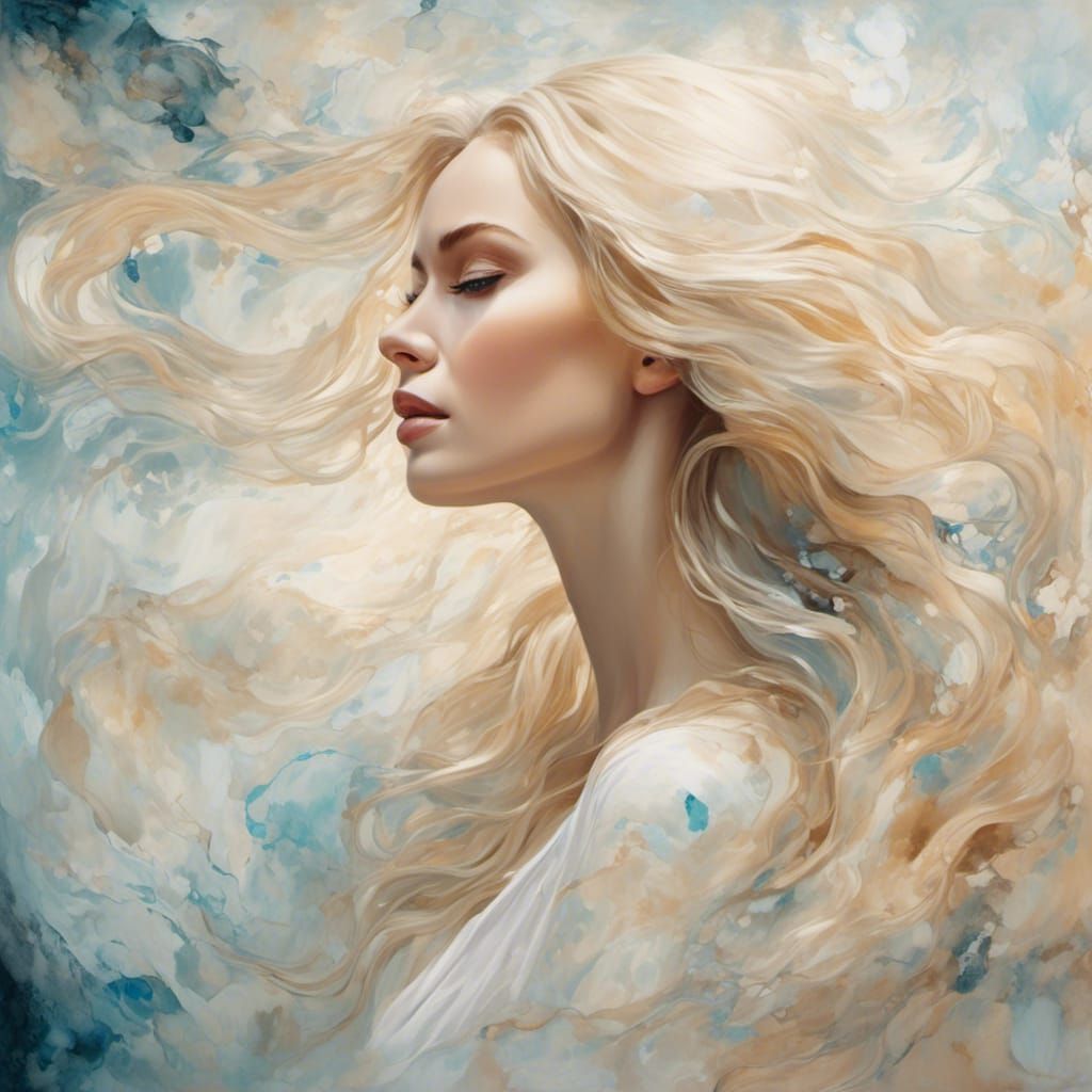 A very beautiful woman with long blond hair in opal swirling...